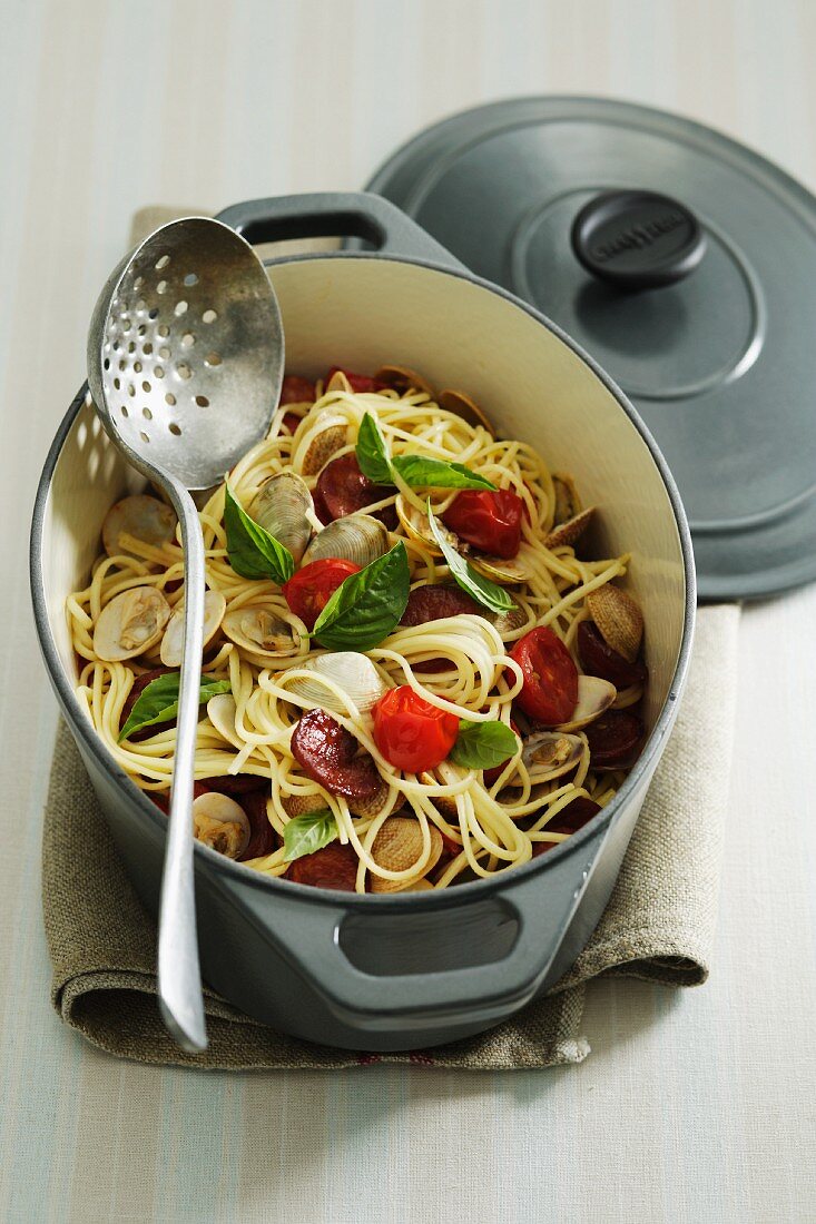 Linguine with clams and chorizo