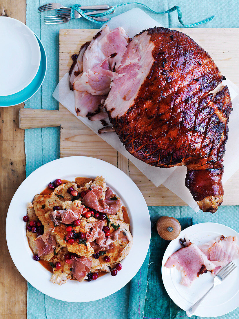 Roast ham with a honey glaze and turkey saltimbocca with cranberries