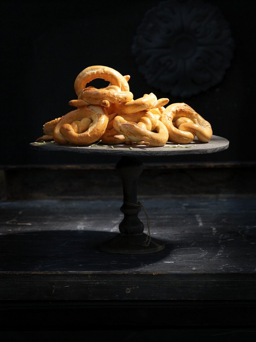 Pretzels on a cake stand