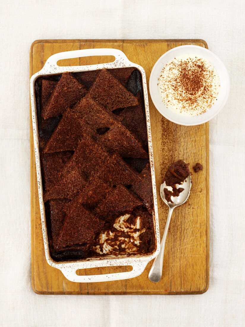 Bread-and-butter pudding with chocolate and jam