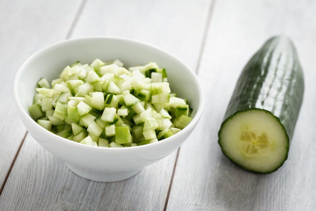 Cucumber, diced and halved