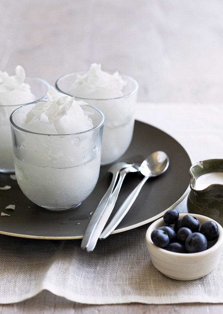 Elderflower ice cream with blueberries and coconut