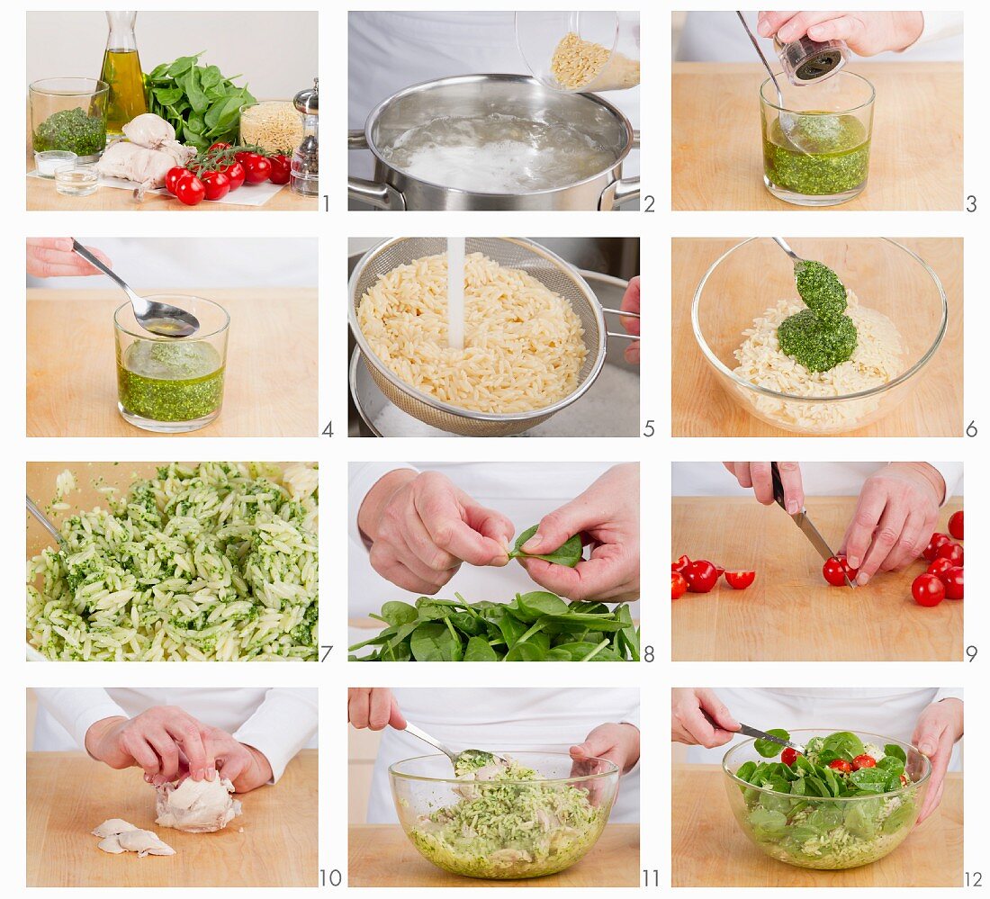 Chicken orzo salad with pesto being prepared