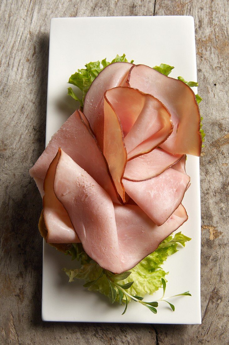 A slice of bread topped with turkey and lettuce (seen from above)