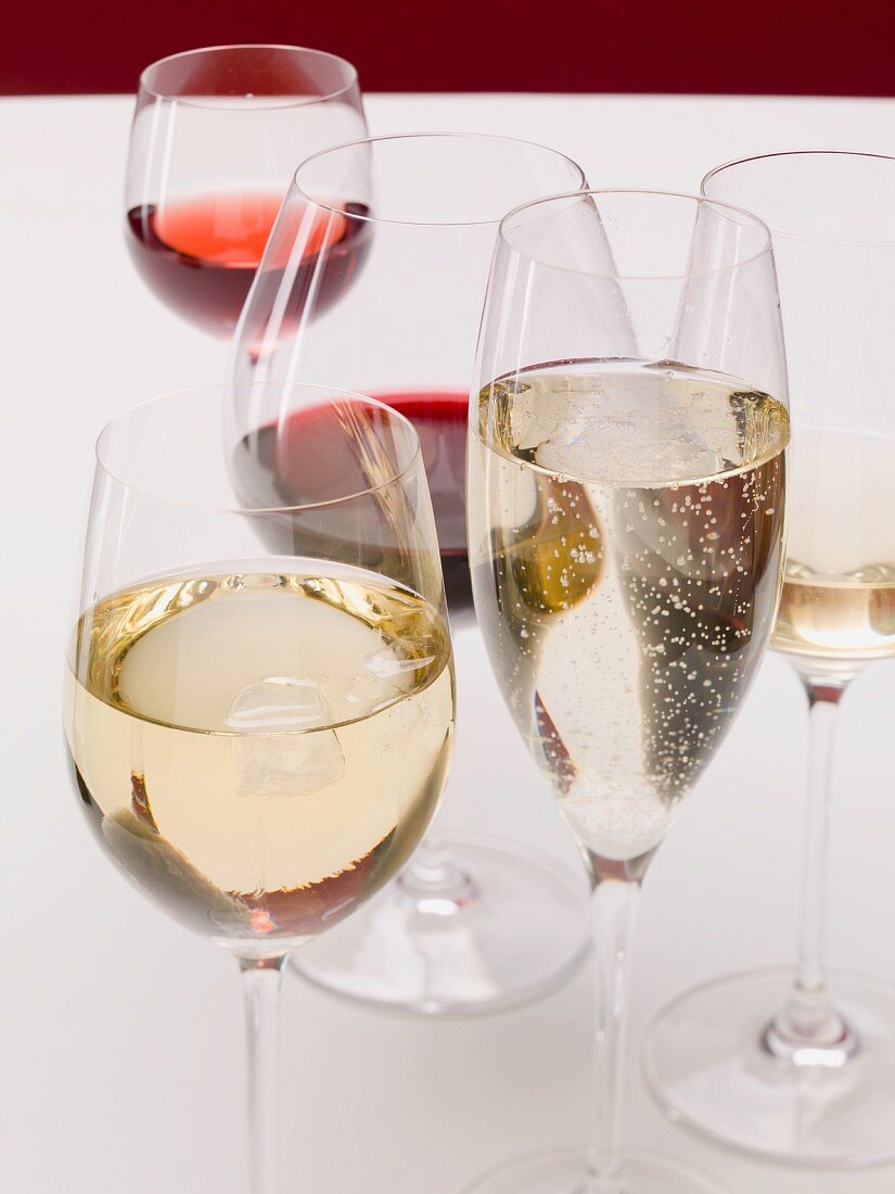 Glasses of champagne, white wine, red wine and rose wine