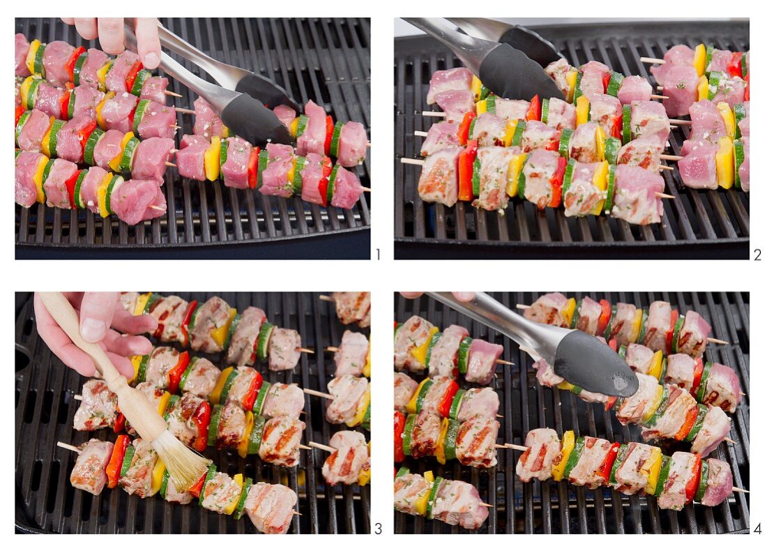 Vegetable and meat kebabs being grilled