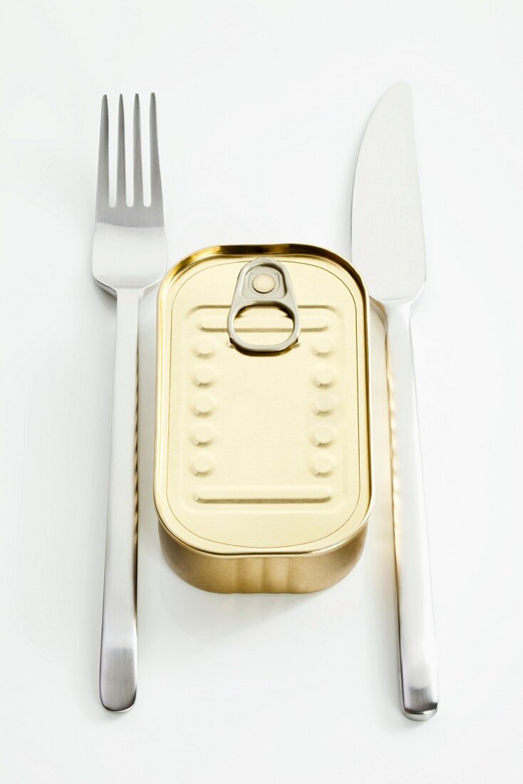 A tin of sardines between a knife and fork