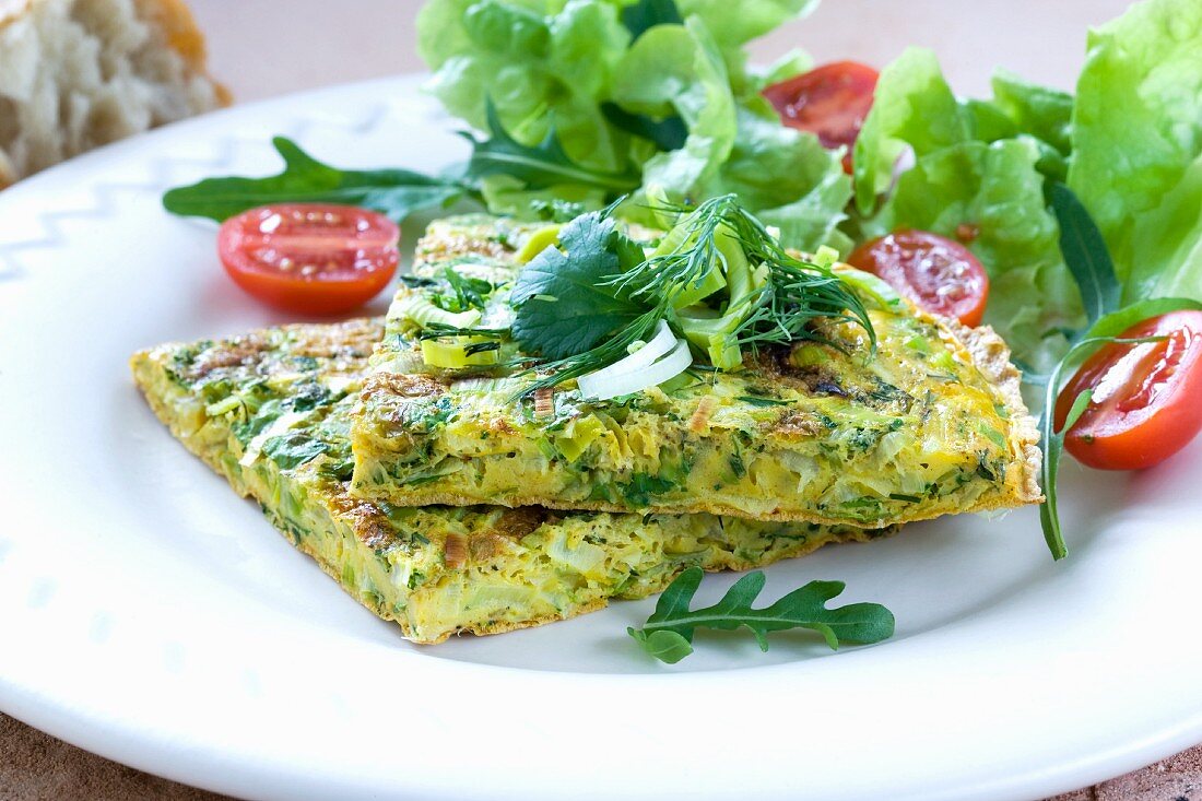 Frittata with leek and a side salad