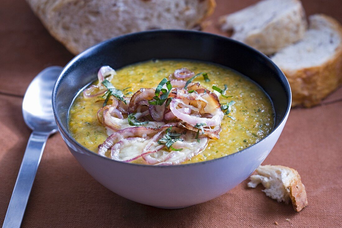 Carrot soup with grilled red onions