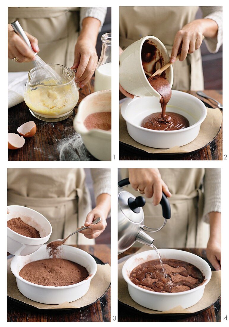 Chocolate pudding with a liquid core being made