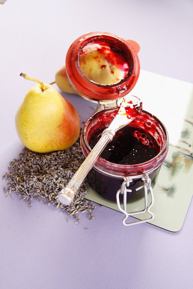 Aromatic blackberry and pear jam with lavender