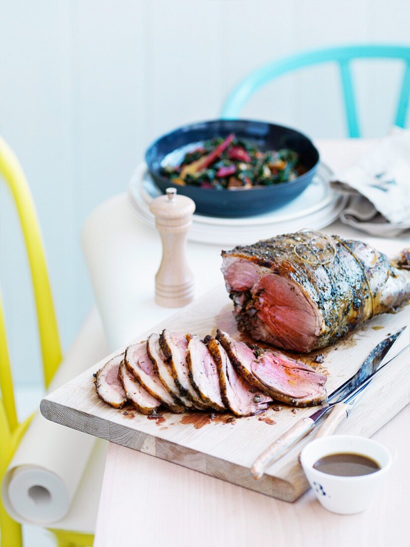 Roasted leg of lamb with a herb marinade