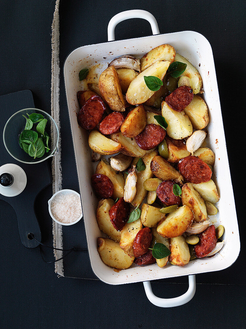Roast potatoes with chorizo and olives