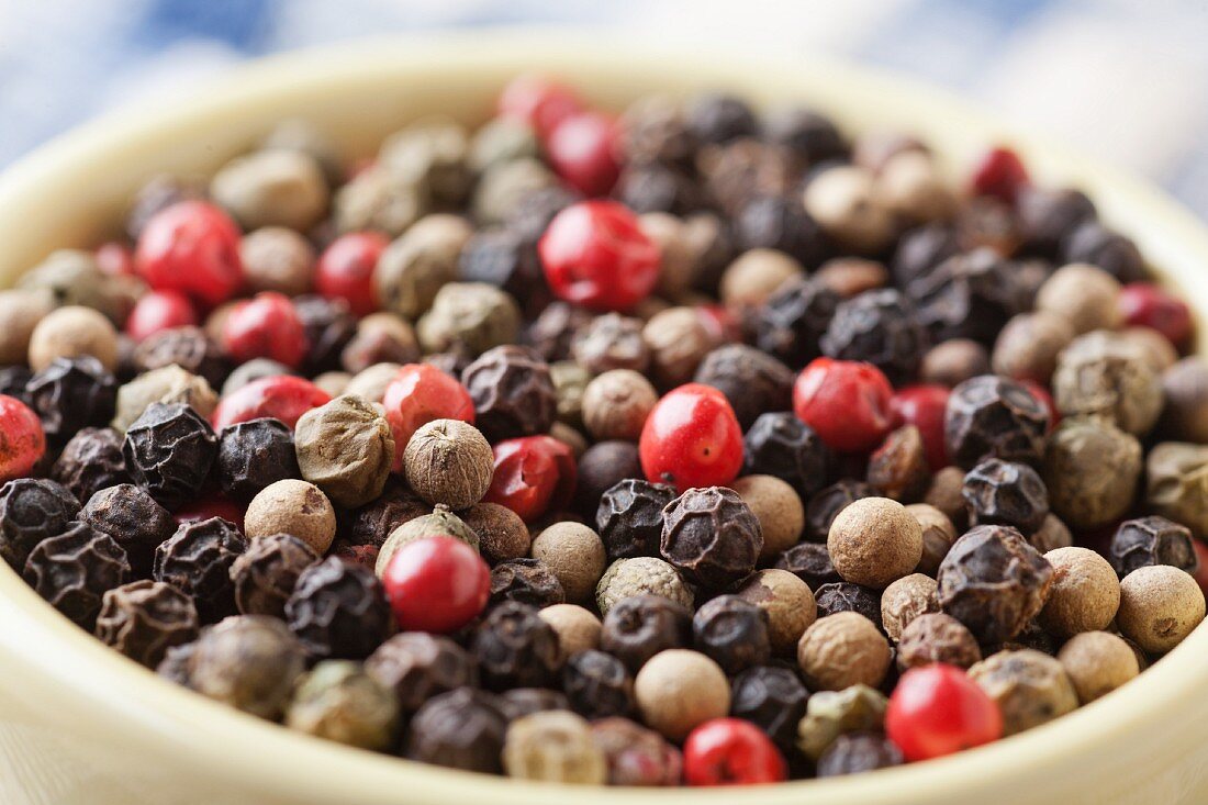Bowl of Multi-Colored Peppercorns; Close Up