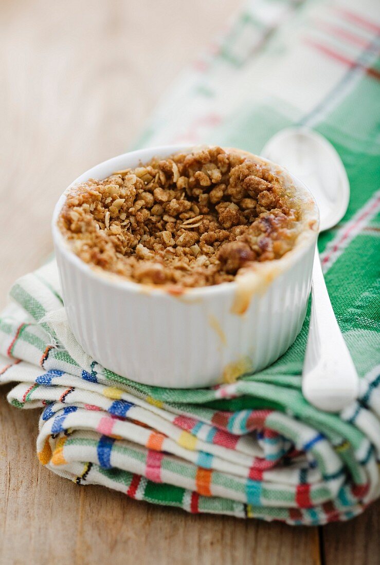 An apple crumble in a baking dish