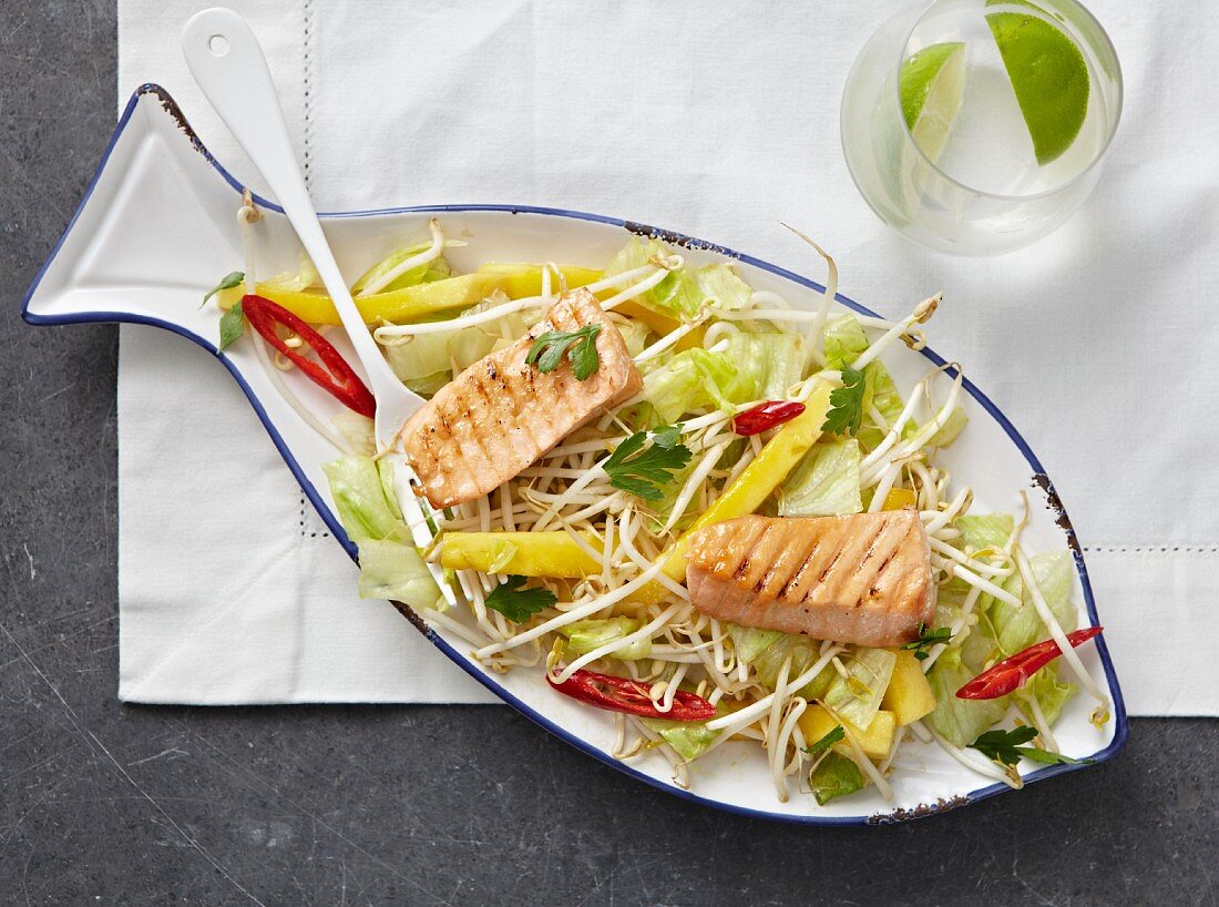Beans sprout salad with grilled salmon