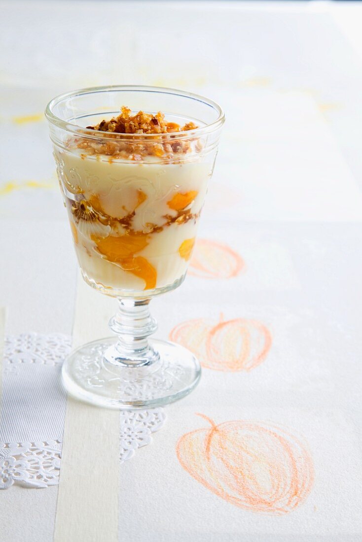 Vanilla cream with apricots and pralines