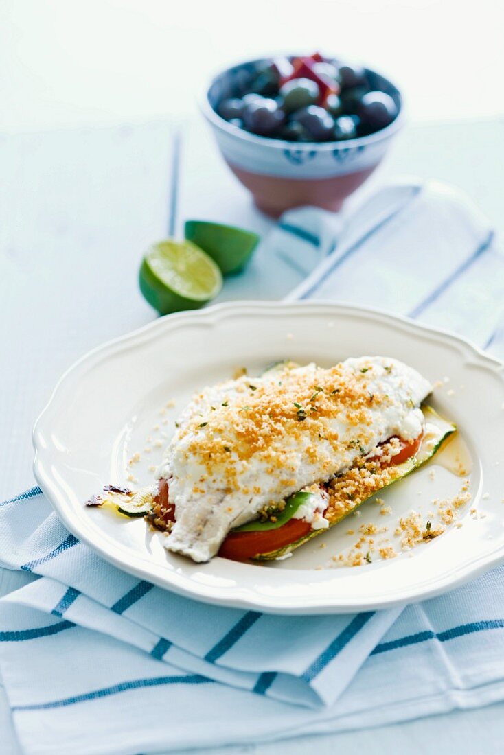 Baked fish fillet with a crumb crust on a bed of vegetables