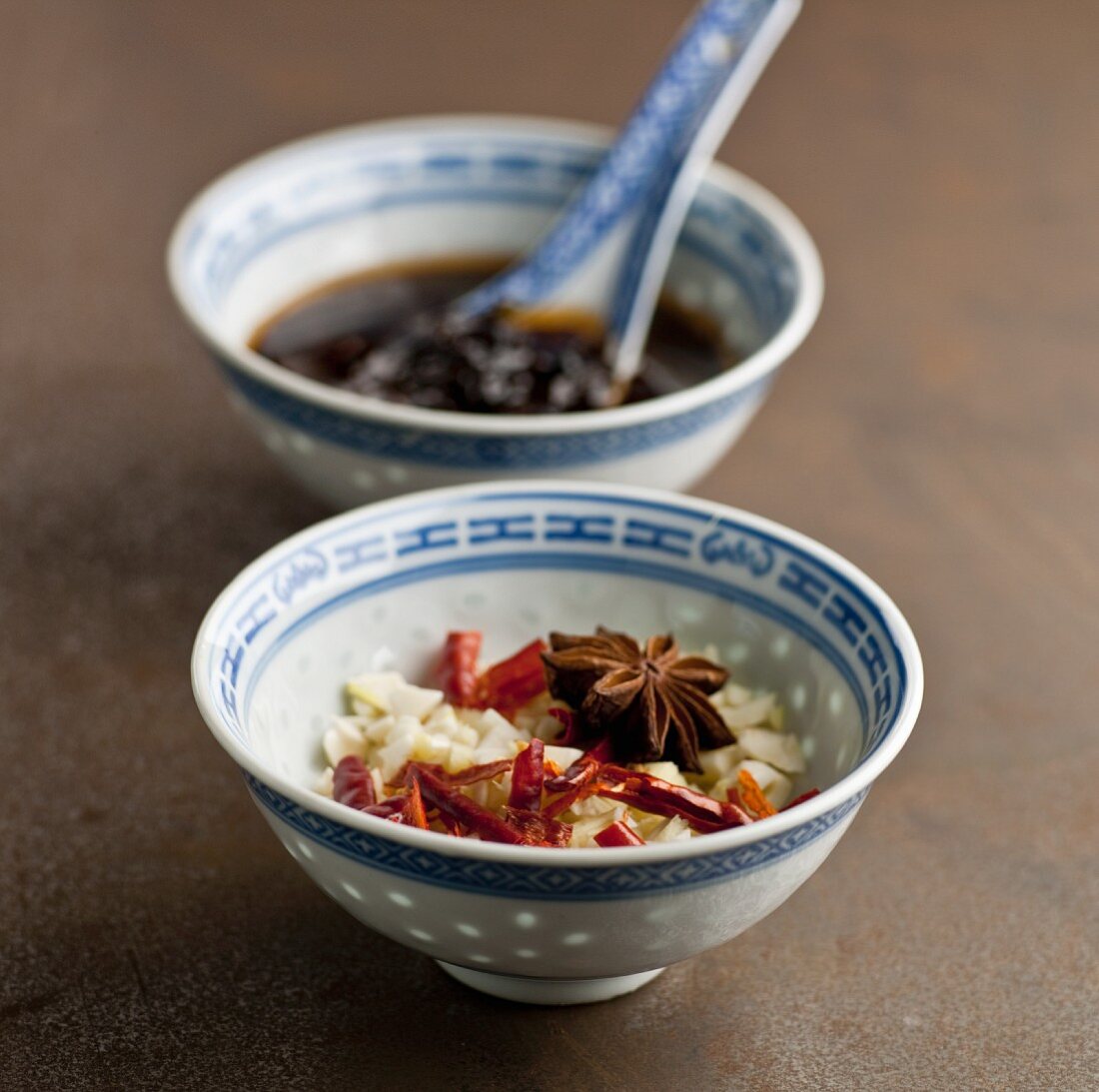 Chinese Spice Bowl; Chopped Onion, Garlic, Red Pepper and Star Anise; Black Bean Sauce in Bowl in Background