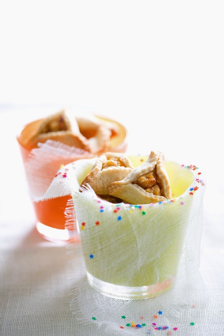 Hamantashen (Jewish pastry) filled with apples and halva