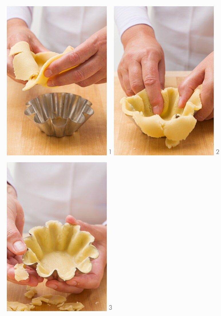 Shortbread being placed in brioche dishes