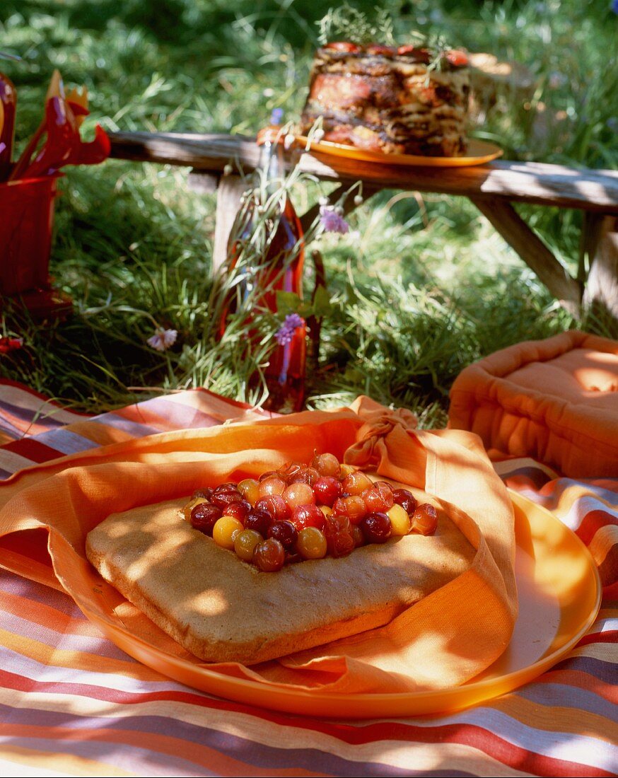 Kirschkuchen auf Picknickdecke im Freien