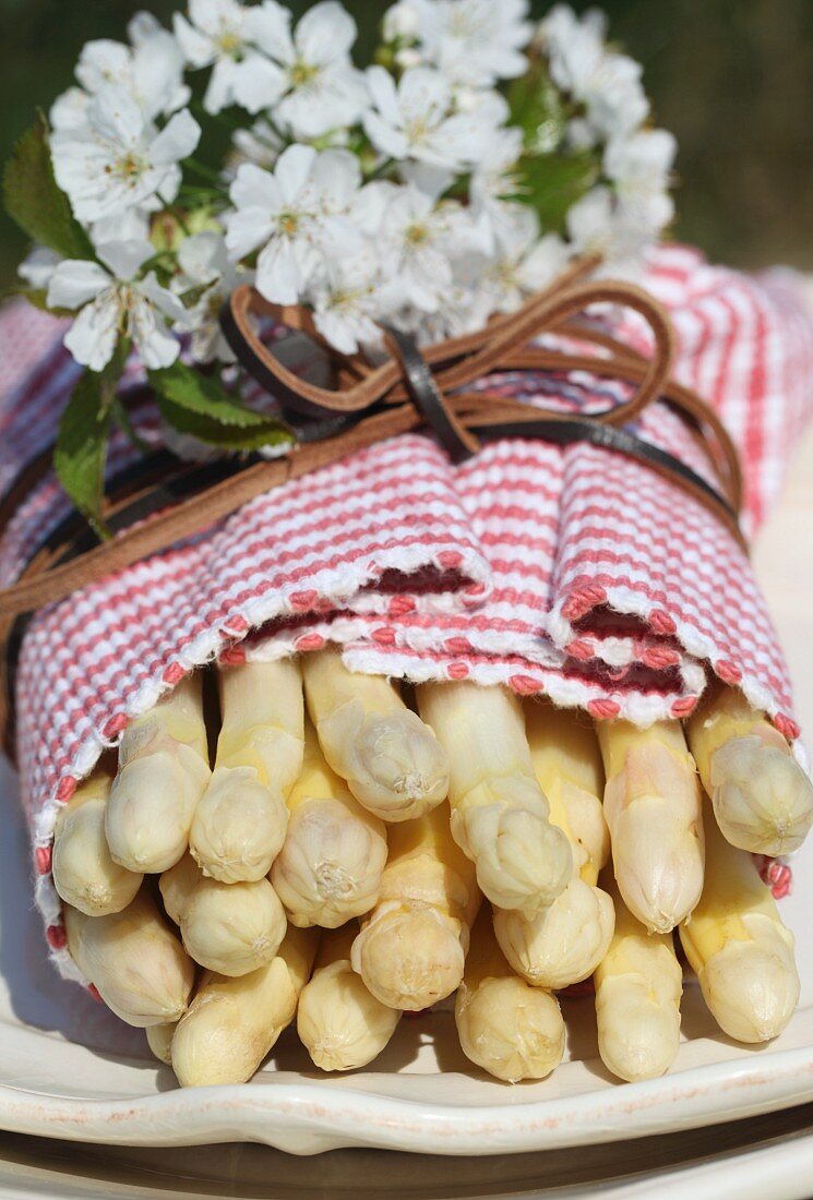 White asparagus wrapped in a cloth