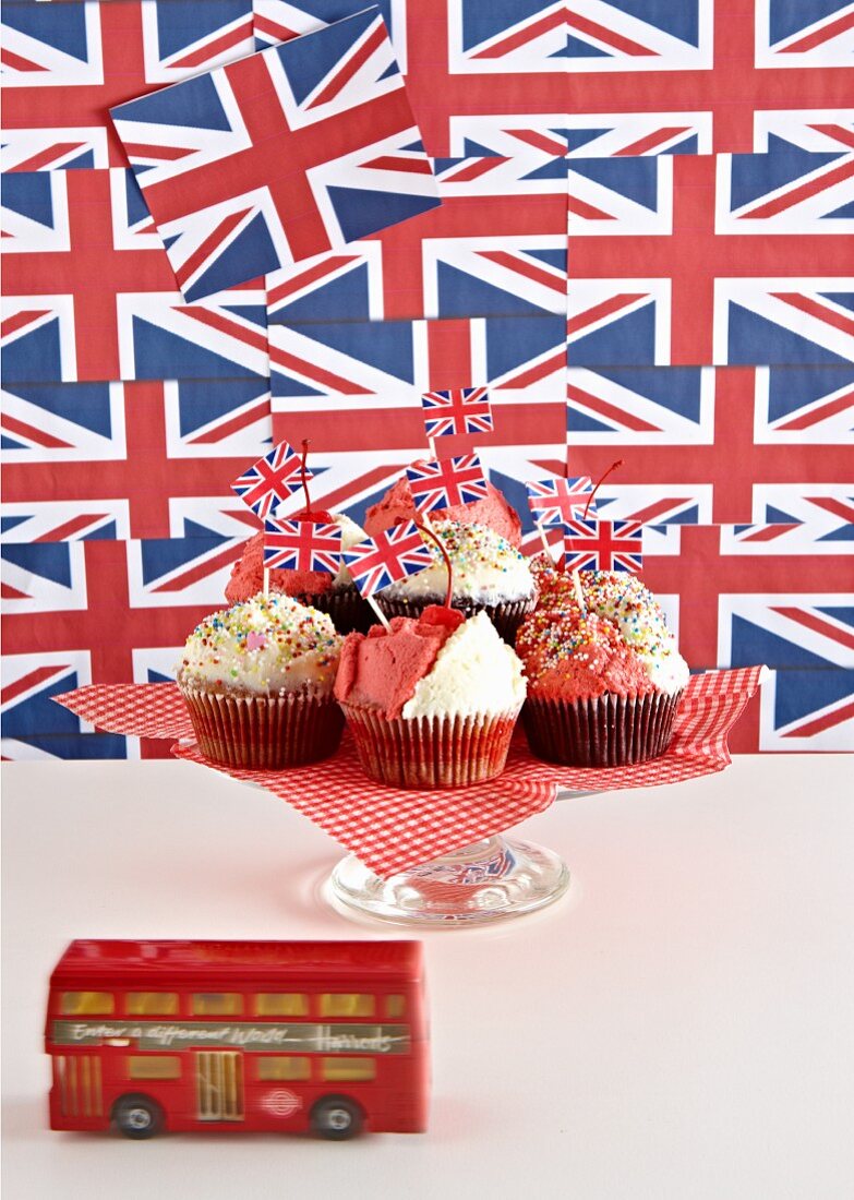 Cupcakes surrounded by British decorations
