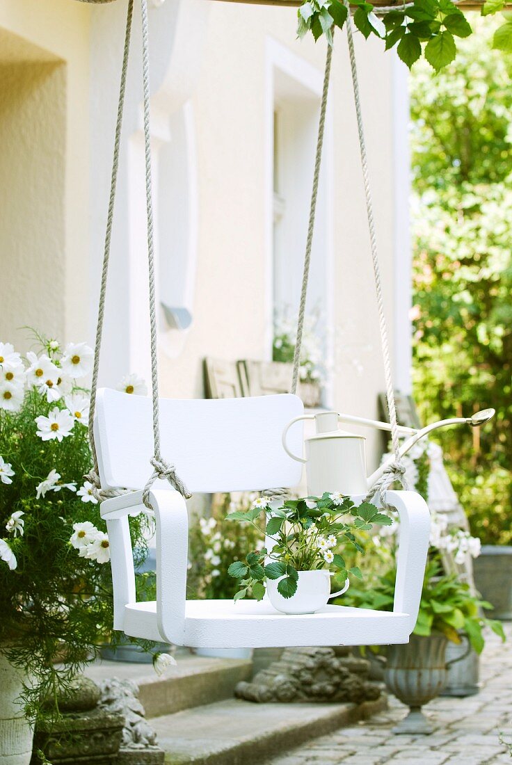 DIY tree swing made from white wooden chair and two ropes