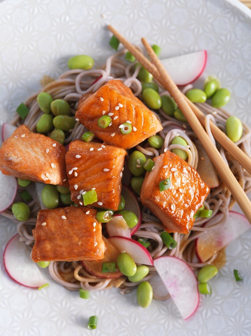 Nudelsalat mit Bohnen, Radieschen und Lachs (Asien)