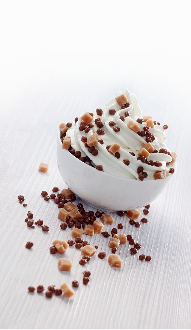 Frozen Joghurt mit Schokoladen- und Karamell-Toppings