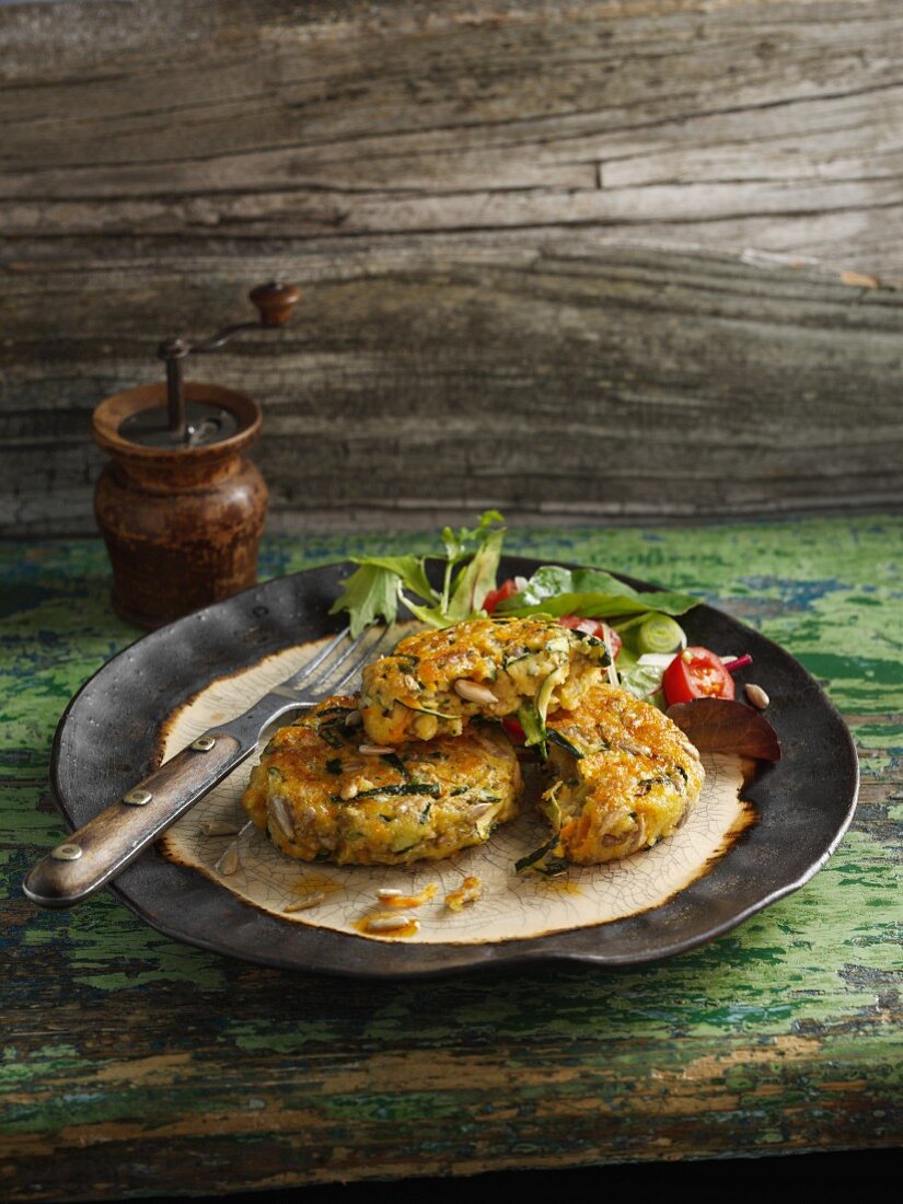 Crispy courgette and carrot fritters with sunflower seeds