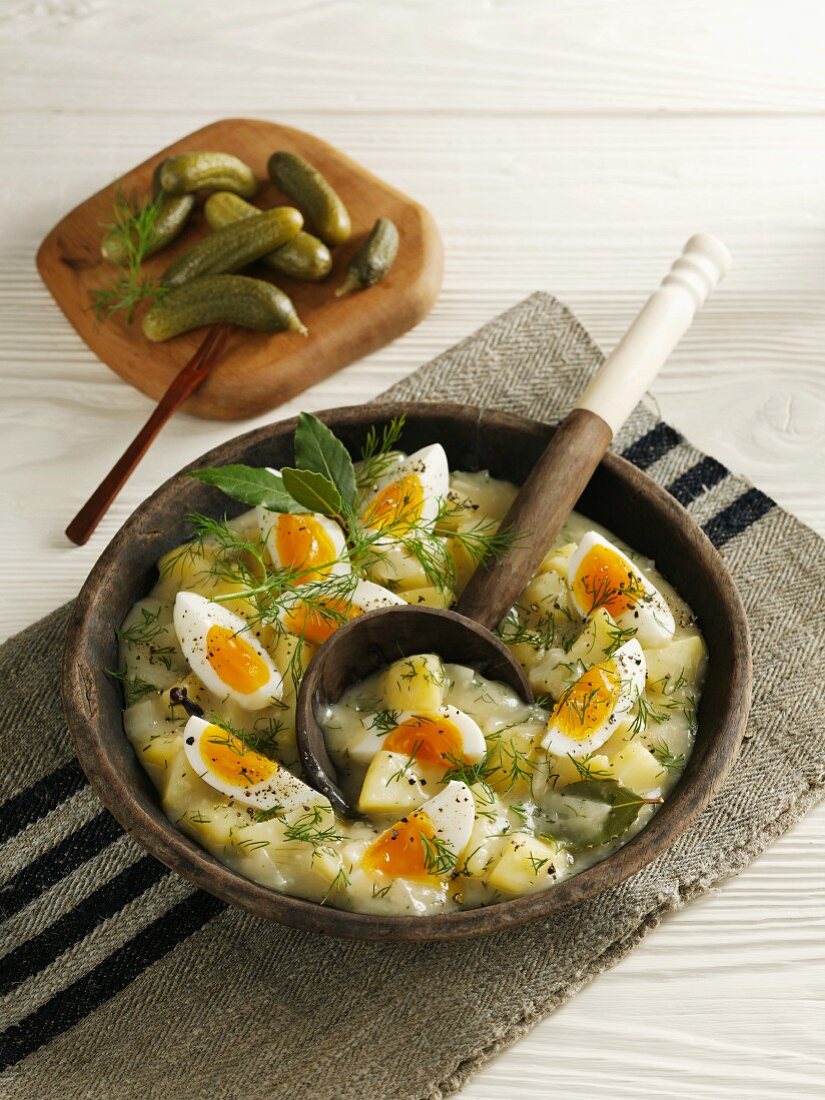 Salad peel potatoes with soft boiled eggs
