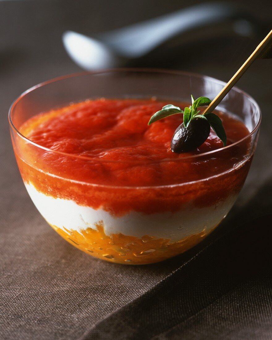 Cold tomato and pepper soup with cottage cheese
