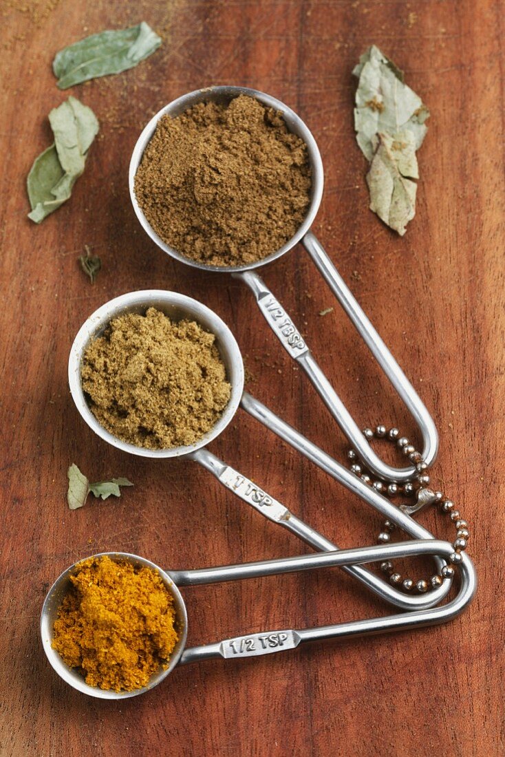 Various types of curry powder in measuring spoons