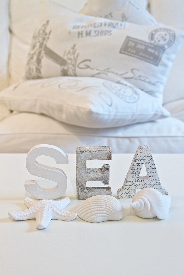 White-painted letters and seashells on white background