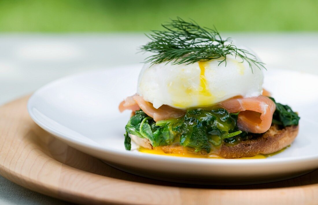 Eggs Benedict with Salmon, Spinach and Dill on an English Muffin