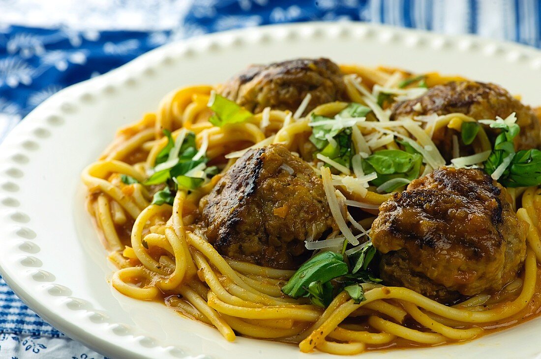 Spaghetti and Meatballs with Fresh Basil and Parmesan Cheese