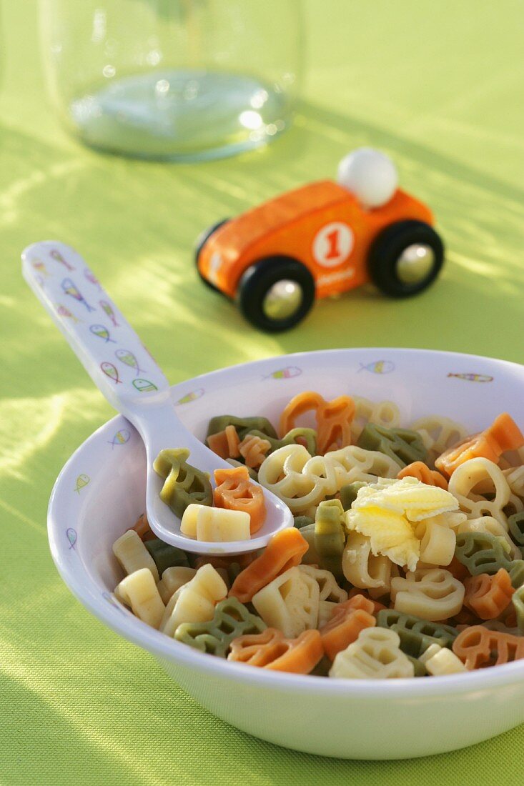 A colourful bowl of pasta (children's meal)