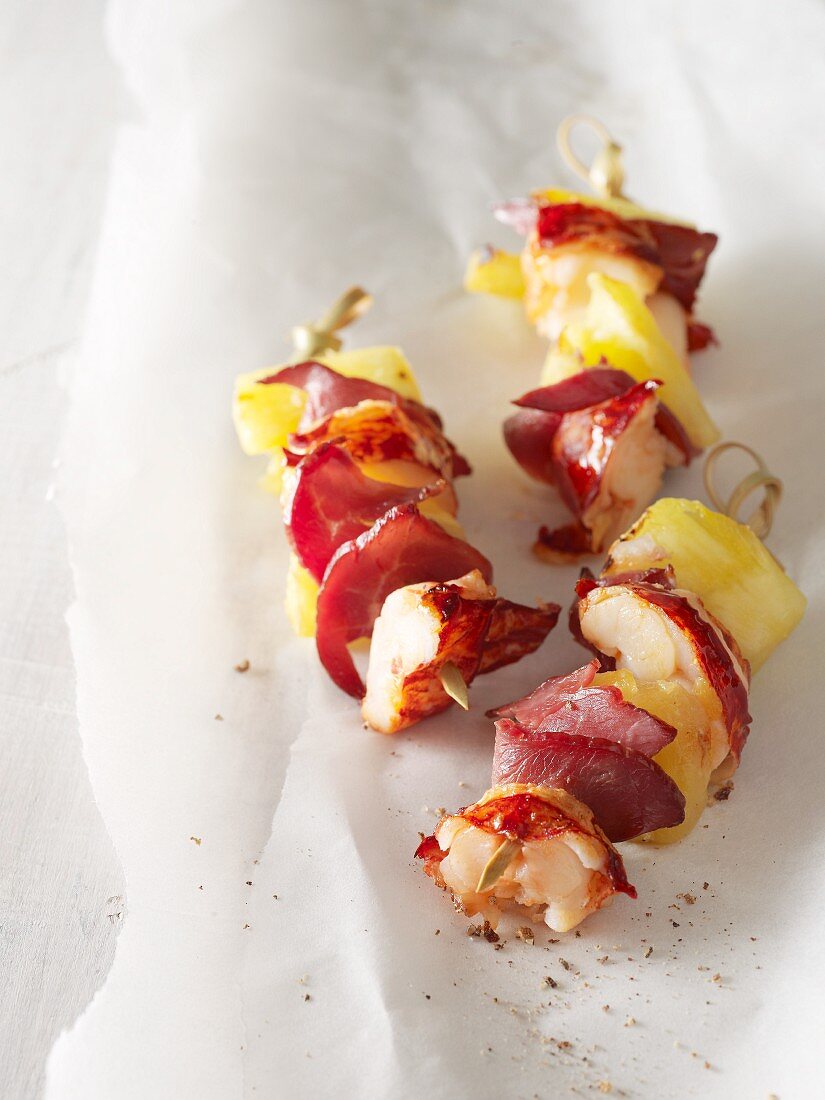 Prawn, pineapple and bacon kebabs
