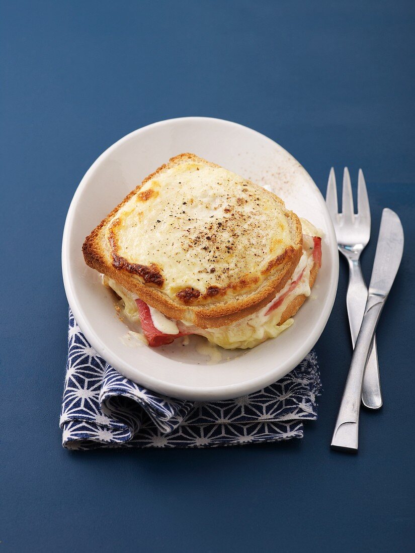 Croque Monsiseur (toasted cheese and ham sandwich) on a plate