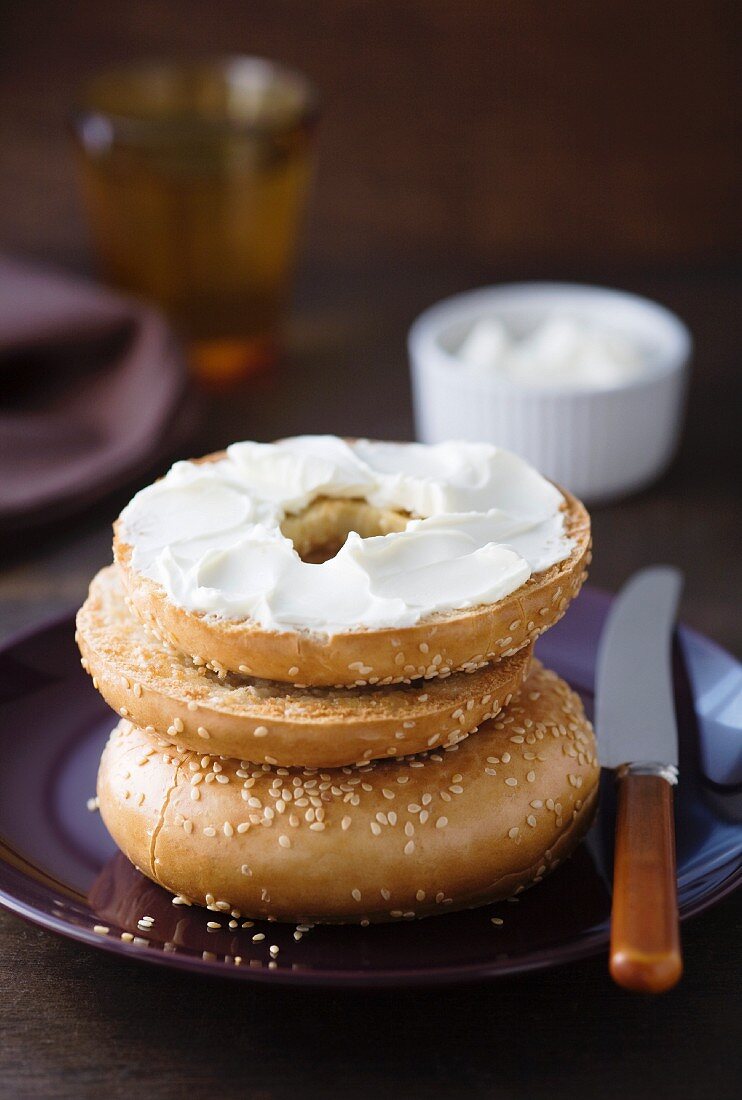 Sesame bagel with cream cheese
