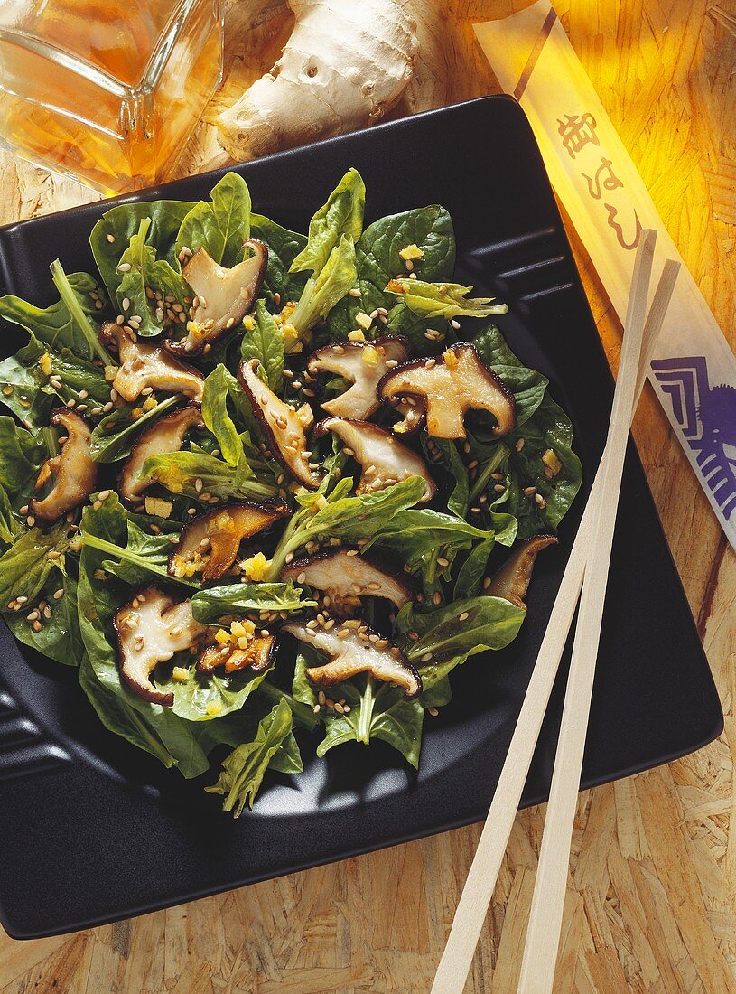 Spinach Salad with roasted Shiitake Mushrooms and Sesame and Ginger Dressing