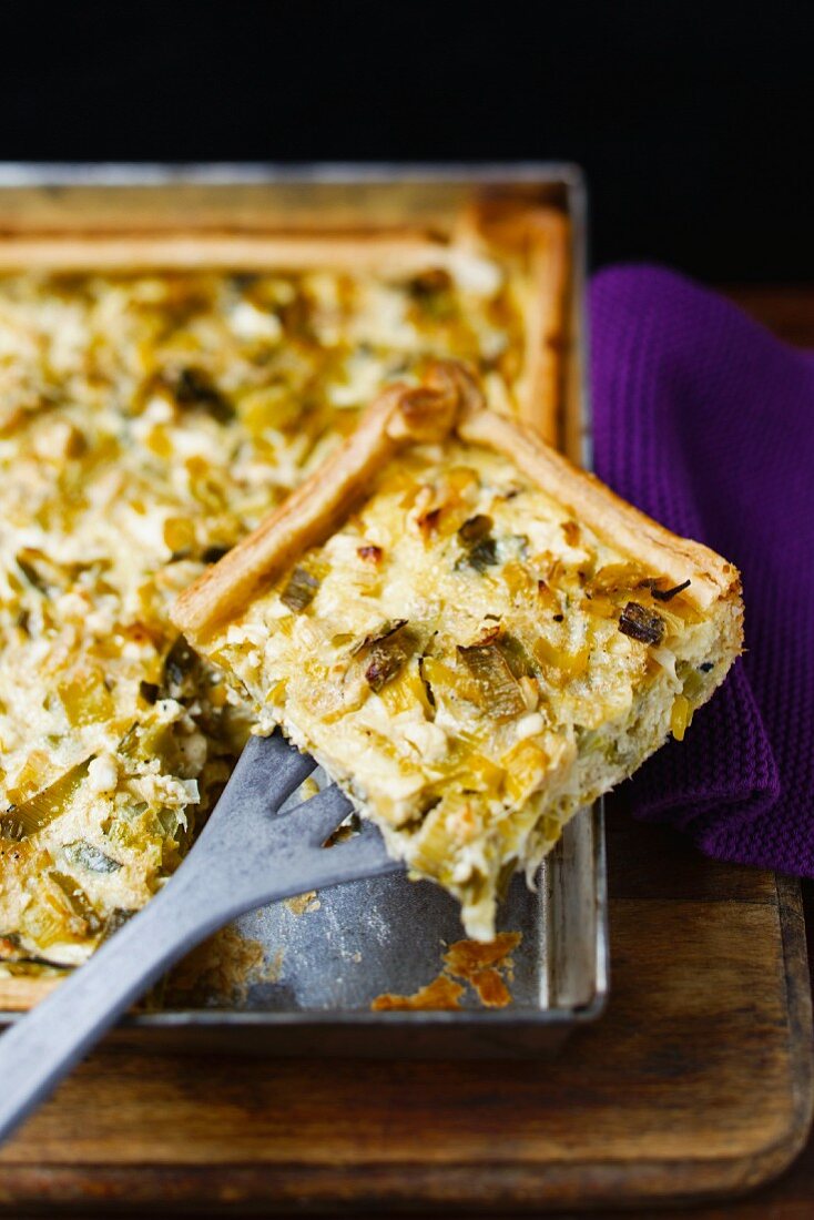 Leek cake on a baking tray