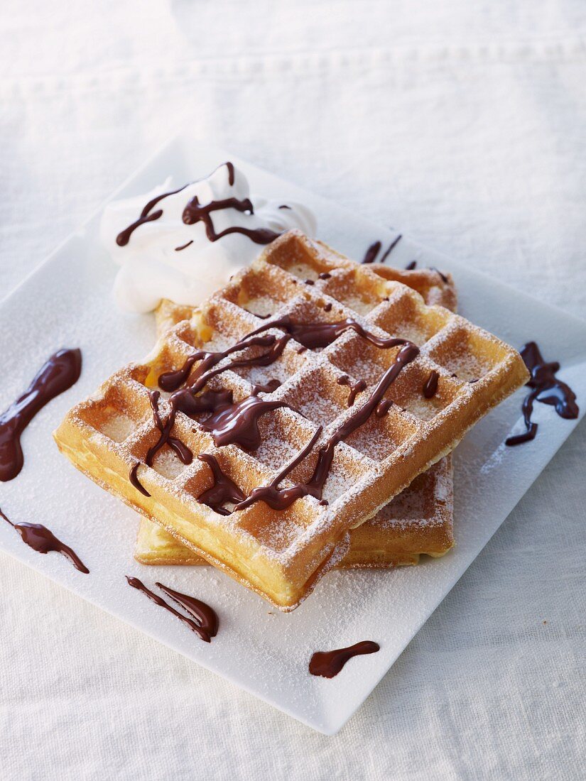 Waffles with chocolate sauce and icing sugar