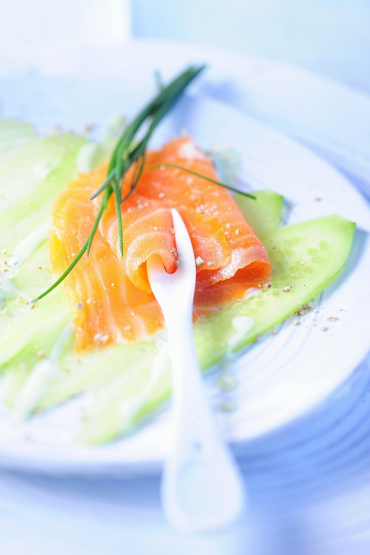 Cucumber carpaccio with salmon