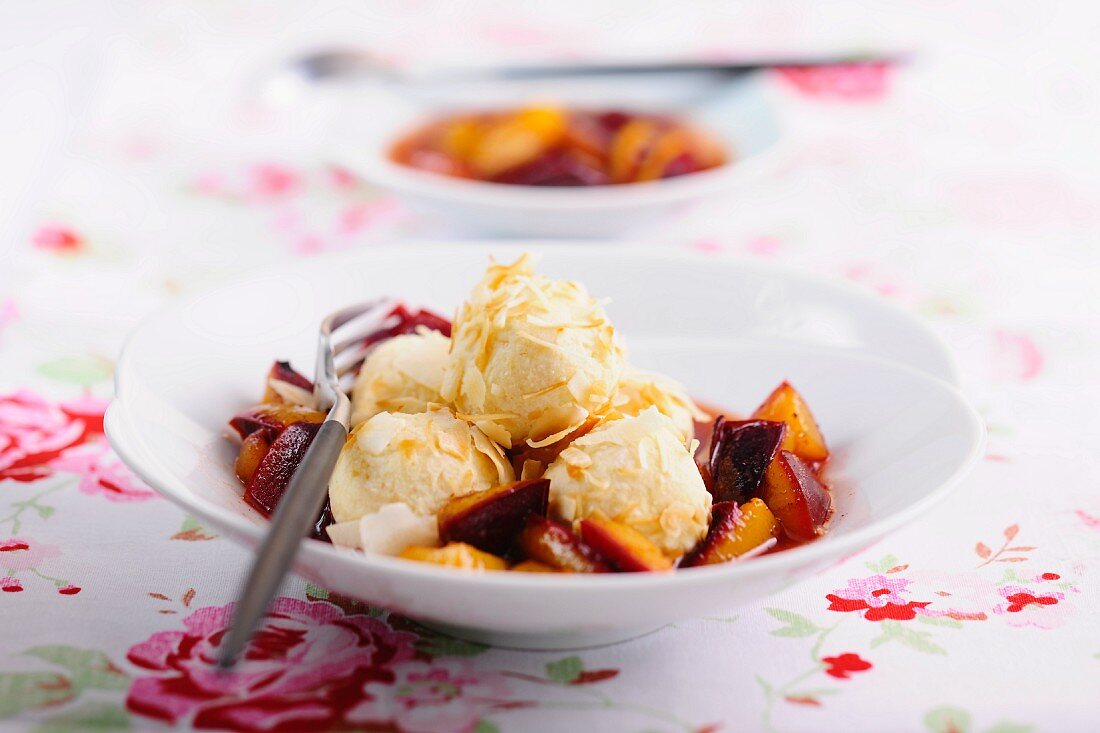 Ricotta dumplings with plum compote