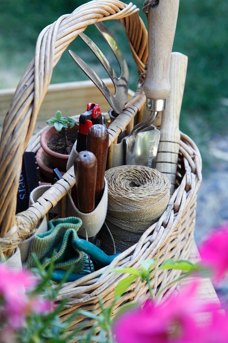 Basket of gardening tools on wooden table