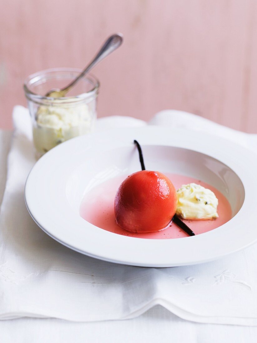 A poached peach with mascarpone