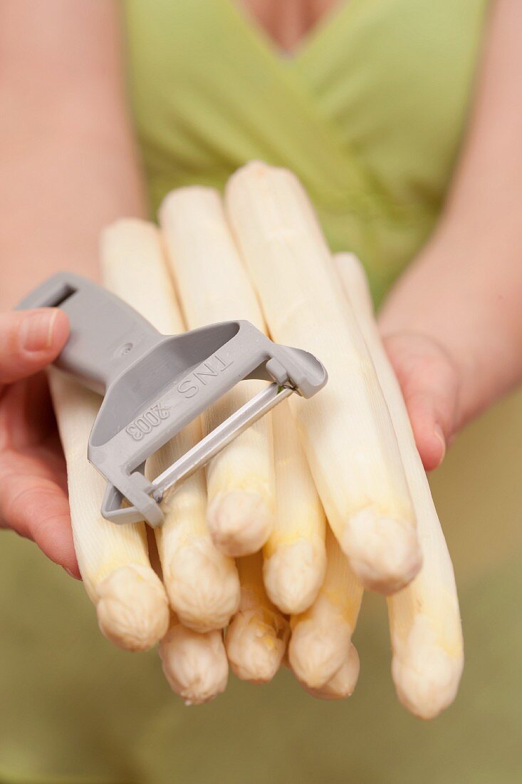 Hands holding peeled white asparagus